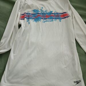 Speedo White Swim Shirt with Blue & Red Chest Graphic. Boys L